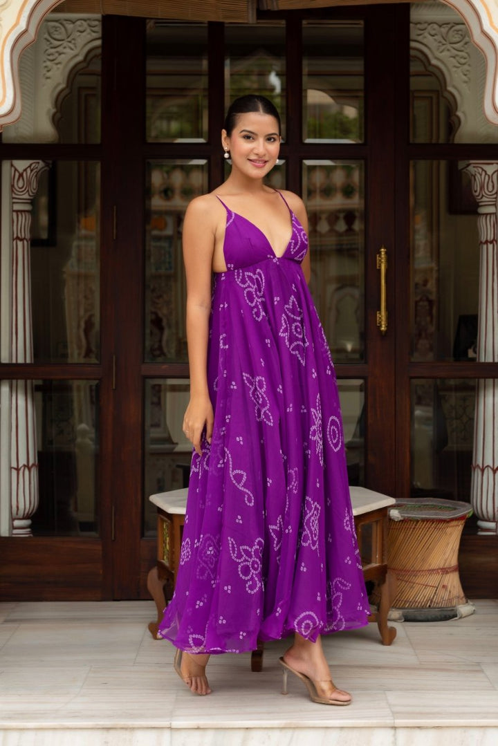 GULABI GALIYAN PURPLE GEORGETTE BANDHEJ DRESS - Pomcha Jaipur