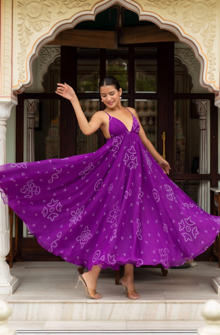 GULABI GALIYAN PURPLE GEORGETTE BANDHEJ DRESS - Pomcha Jaipur
