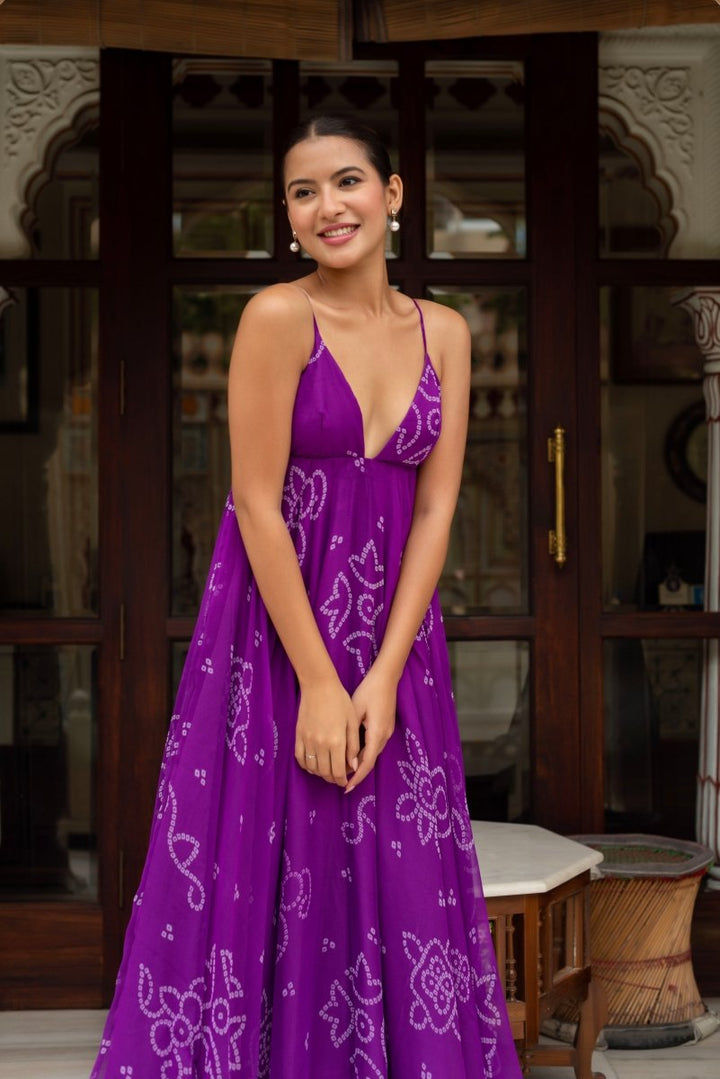 GULABI GALIYAN PURPLE GEORGETTE BANDHEJ DRESS - Pomcha Jaipur