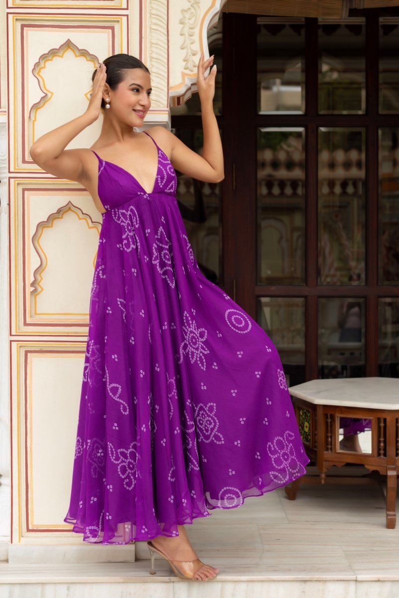 GULABI GALIYAN PURPLE GEORGETTE BANDHEJ DRESS - Pomcha Jaipur