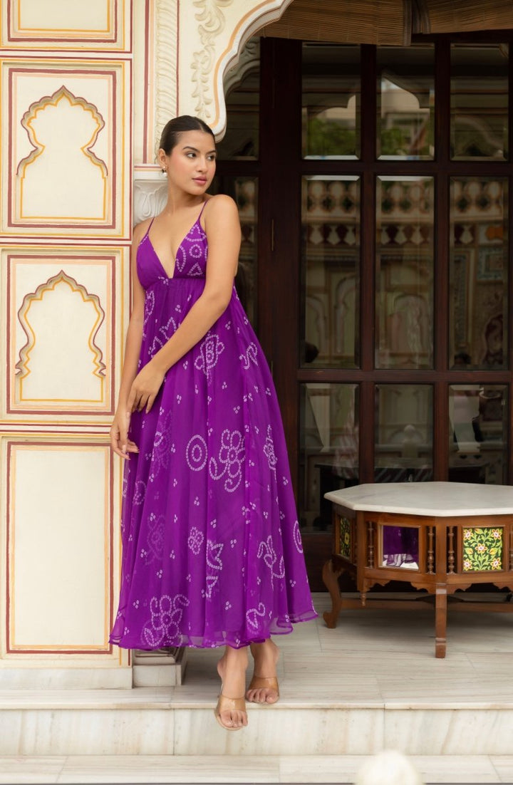 GULABI GALIYAN PURPLE GEORGETTE BANDHEJ DRESS - Pomcha Jaipur