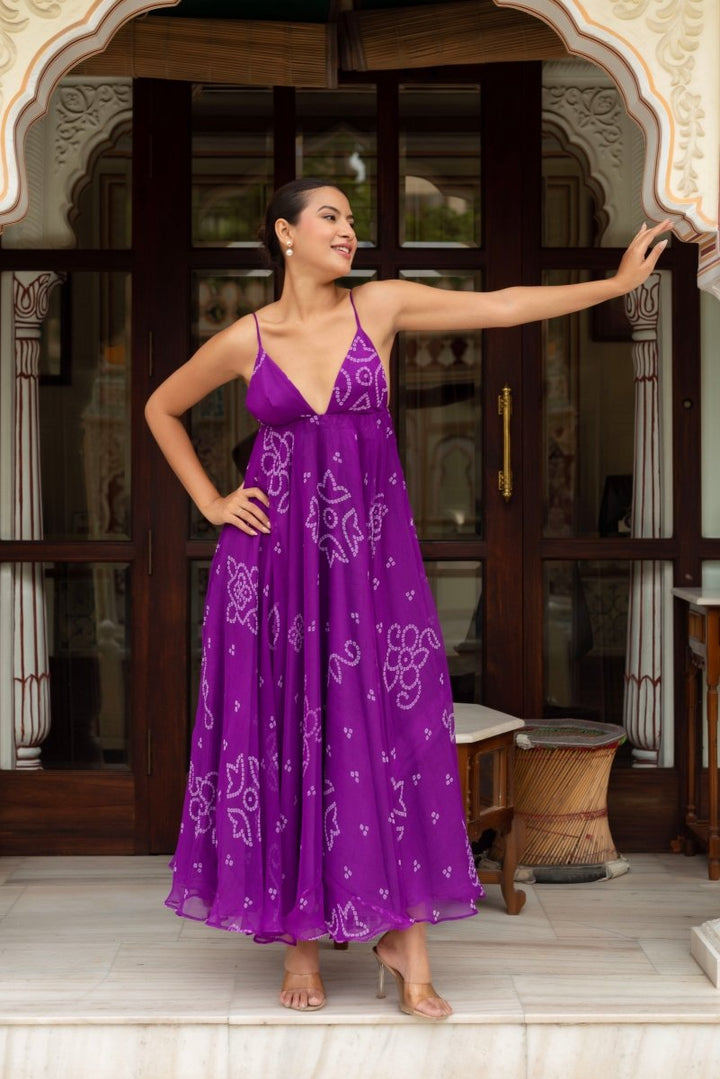 GULABI GALIYAN PURPLE GEORGETTE BANDHEJ DRESS - Pomcha Jaipur