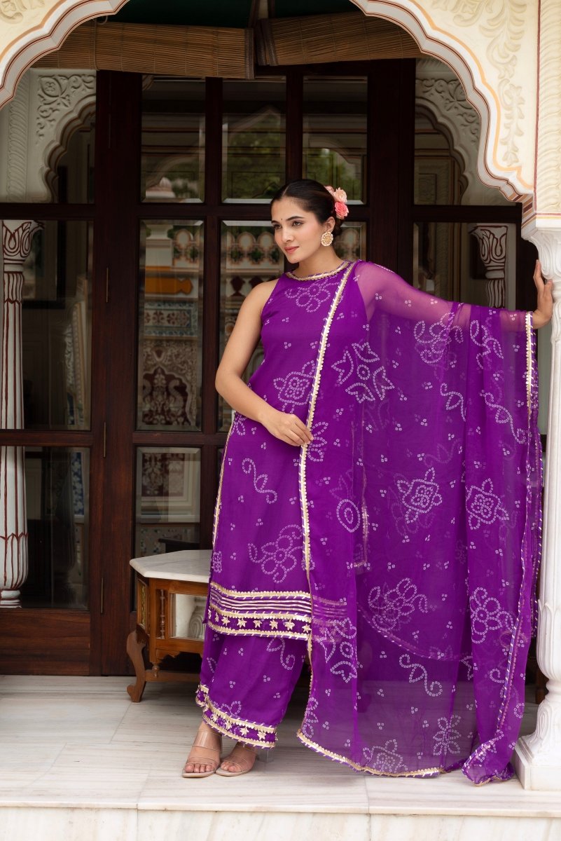 GULABI GALIYAN PURPLE GEORGETTE BANDHEJ GOTA PATTI SUIT SET WITH GEORGETTE DUPATTA - Pomcha Jaipur