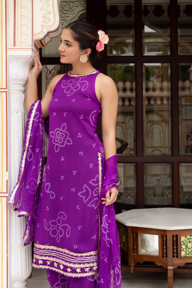 GULABI GALIYAN PURPLE GEORGETTE BANDHEJ GOTA PATTI SUIT SET WITH GEORGETTE DUPATTA - Pomcha Jaipur