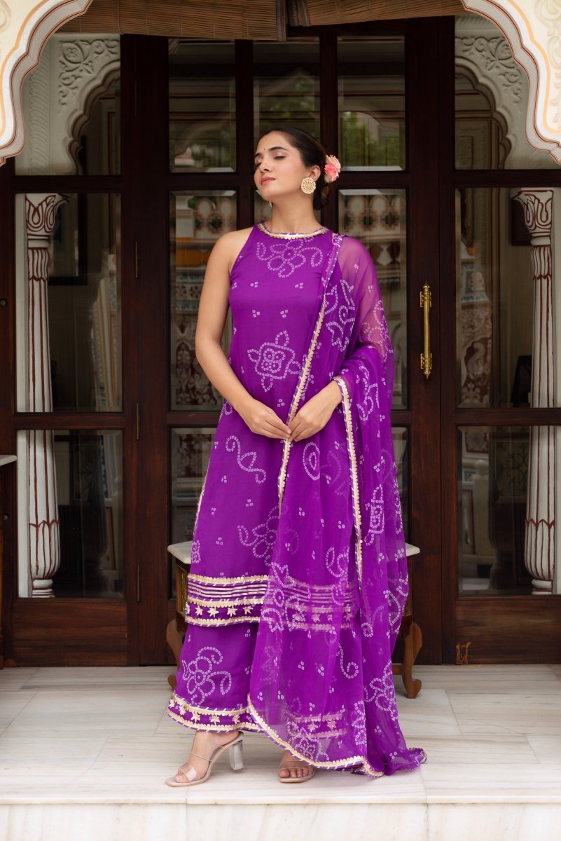 GULABI GALIYAN PURPLE GEORGETTE BANDHEJ GOTA PATTI SUIT SET WITH GEORGETTE DUPATTA - Pomcha Jaipur