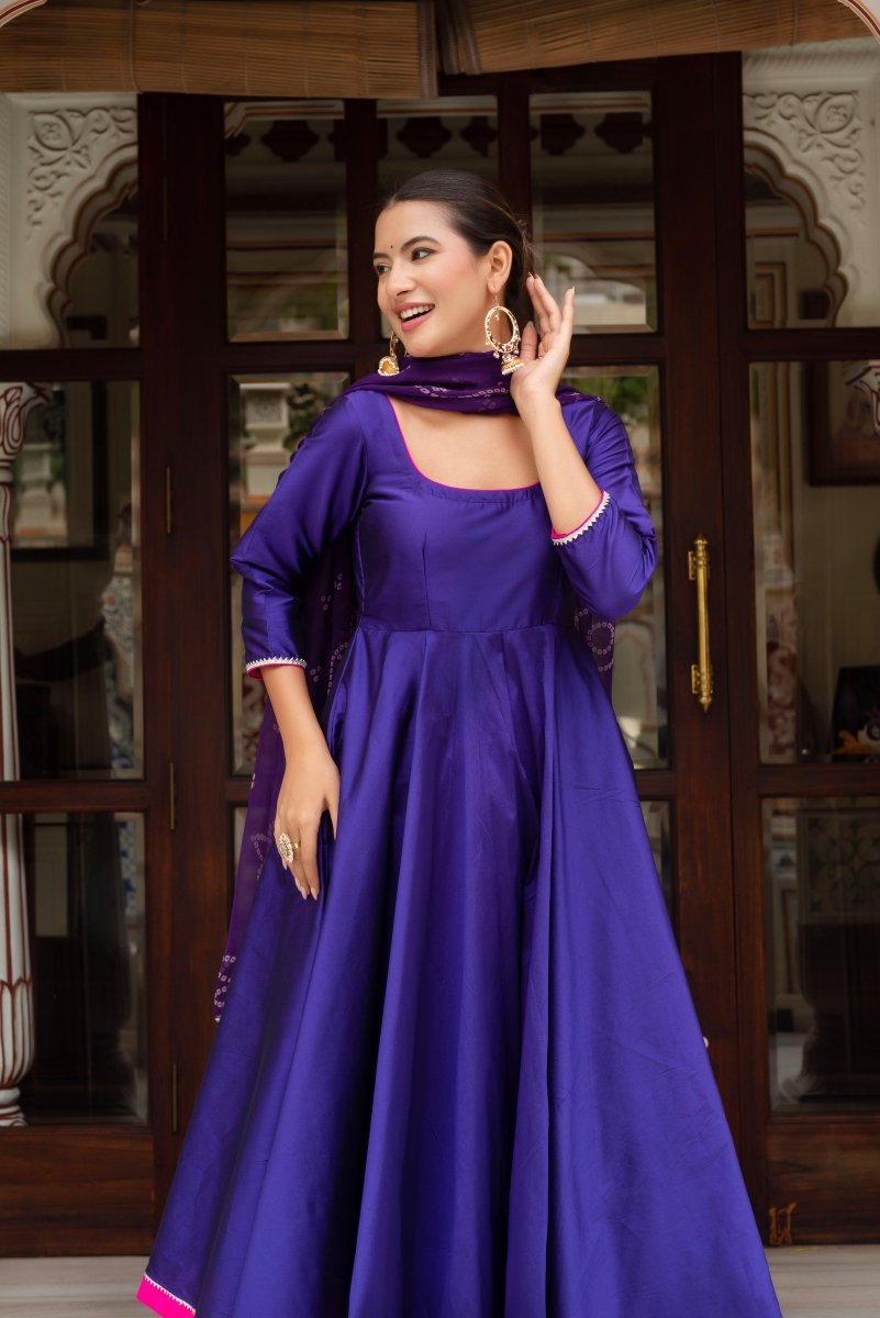 GULABI GALIYAN PURPLE TAFFETA SILK ANARKALI WITH BANDHEJ GEORGETTE DUPATTA - Pomcha Jaipur