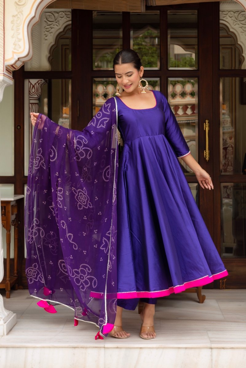 GULABI GALIYAN PURPLE TAFFETA SILK ANARKALI WITH BANDHEJ GEORGETTE DUPATTA - Pomcha Jaipur
