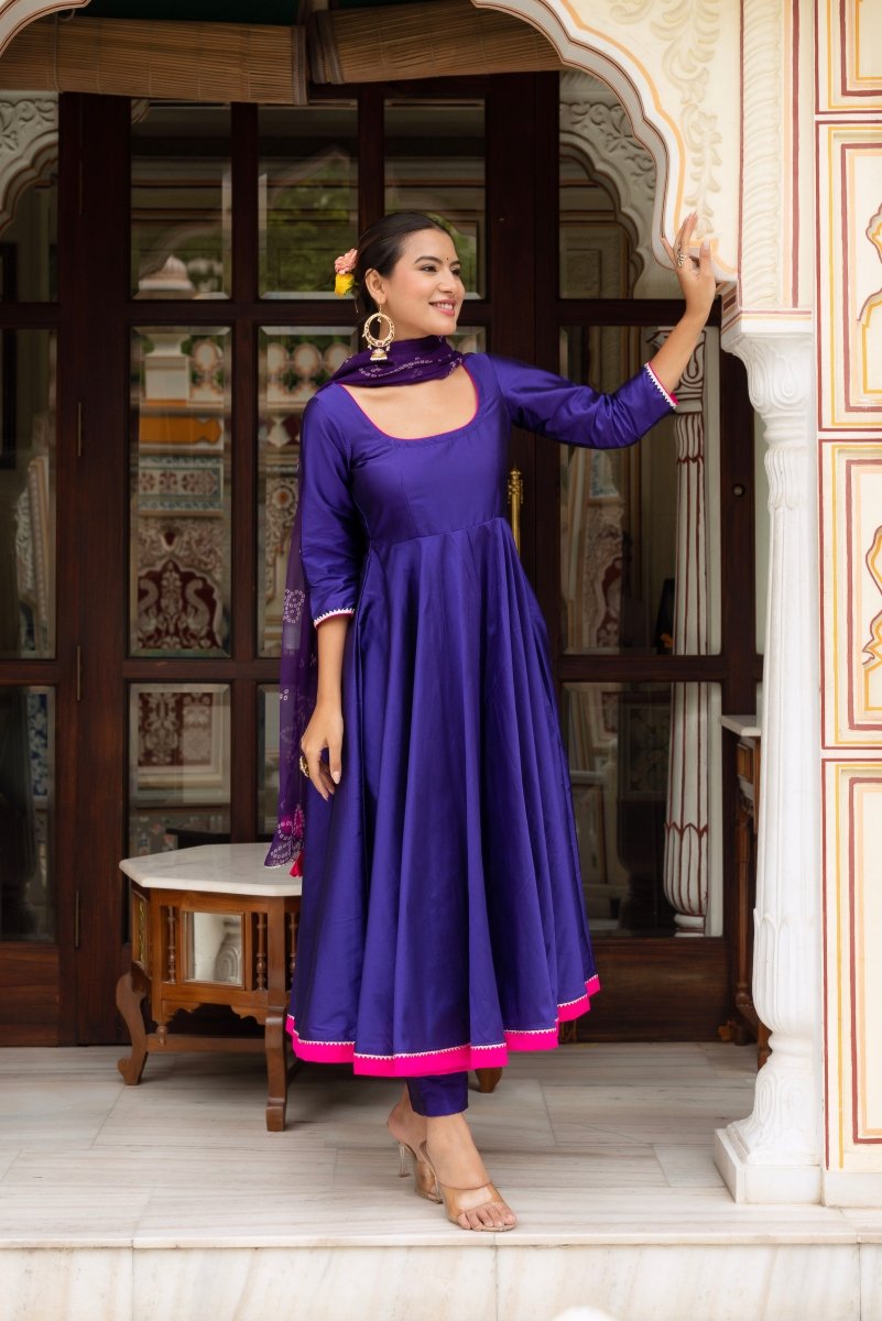 GULABI GALIYAN PURPLE TAFFETA SILK ANARKALI WITH BANDHEJ GEORGETTE DUPATTA - Pomcha Jaipur
