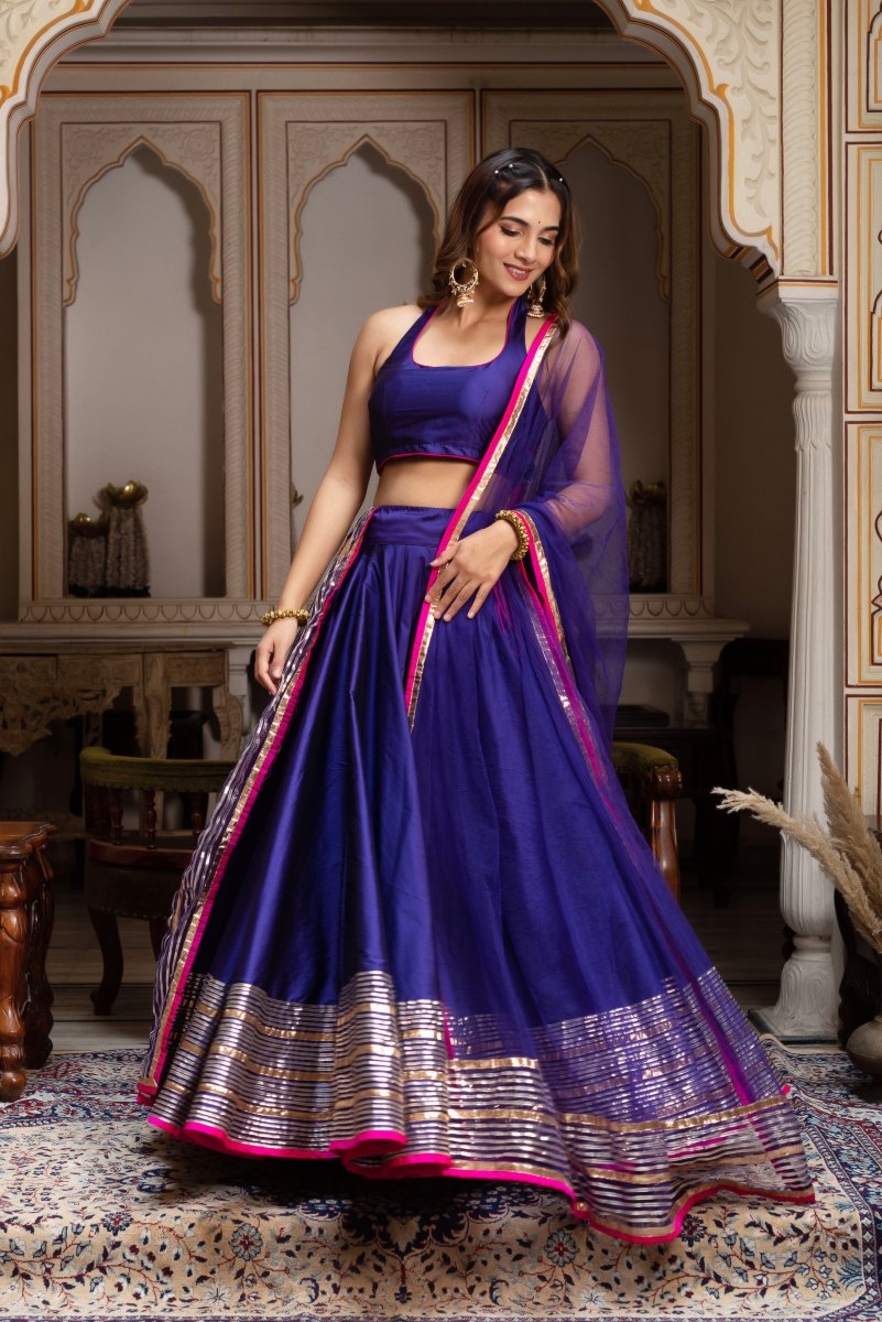GULABI GALIYAN PURPLE TAFFETA SILK GOTA PATTI LEHENGA SET WITH SOFT NET DUPATTA - Pomcha Jaipur