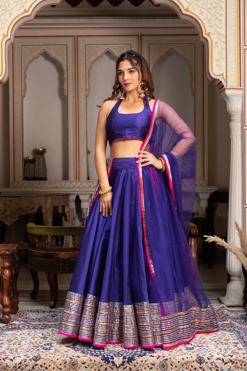 GULABI GALIYAN PURPLE TAFFETA SILK GOTA PATTI LEHENGA SET WITH SOFT NET DUPATTA - Pomcha Jaipur