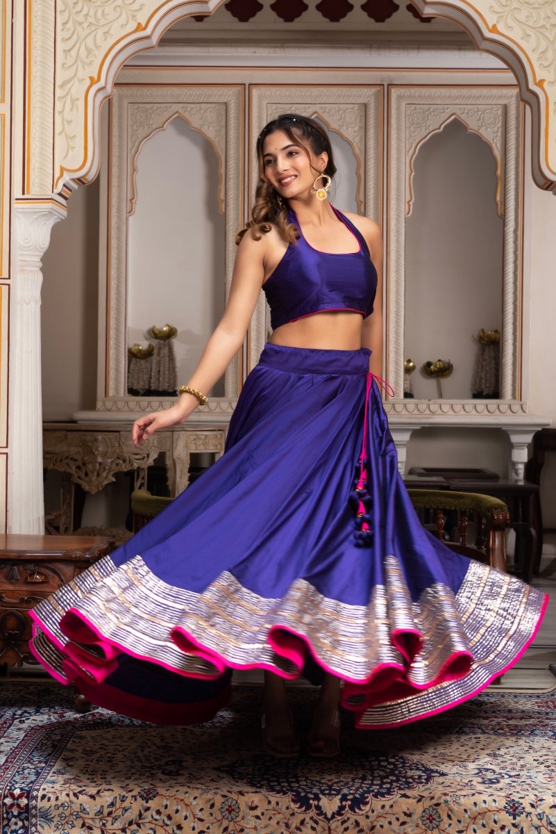 GULABI GALIYAN PURPLE TAFFETA SILK GOTA PATTI LEHENGA SET WITH SOFT NET DUPATTA - Pomcha Jaipur