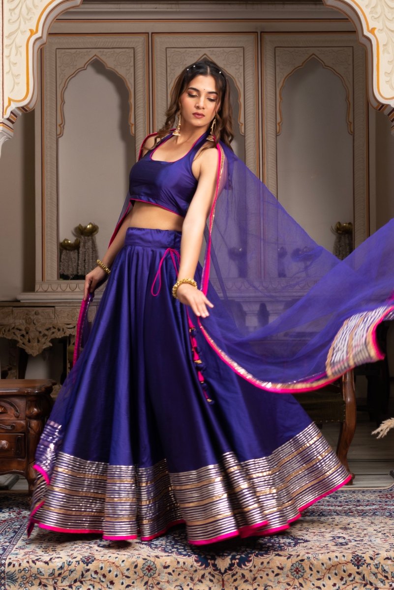 GULABI GALIYAN PURPLE TAFFETA SILK GOTA PATTI LEHENGA SET WITH SOFT NET DUPATTA - Pomcha Jaipur