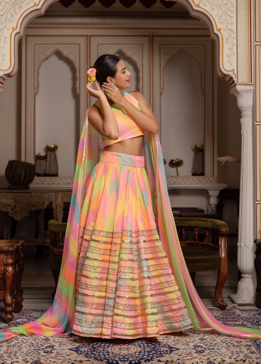 GULABI GALIYAN RADHA MULTICOLOR LEHERIYA GEORGETTE LEHENGA SET - Pomcha Jaipur