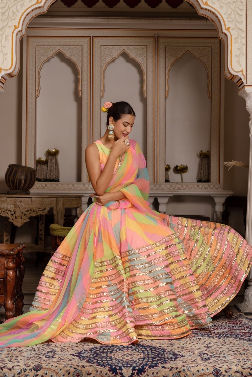 GULABI GALIYAN RADHA MULTICOLOR LEHERIYA GEORGETTE LEHENGA SET - Pomcha Jaipur