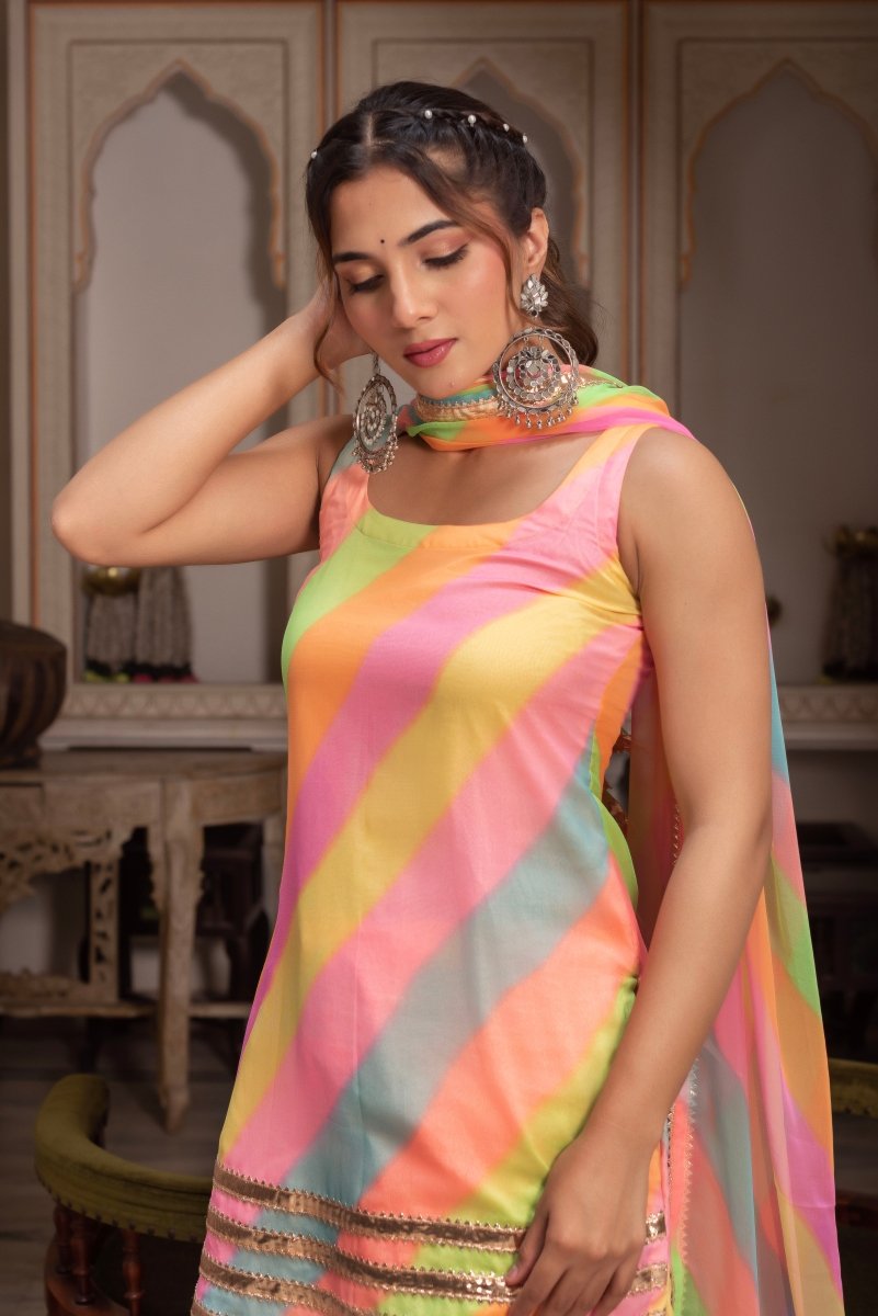 GULABI GALIYAN RADHA MULTICOLOR LEHERIYA GEORGETTE SUIT SET - Pomcha Jaipur