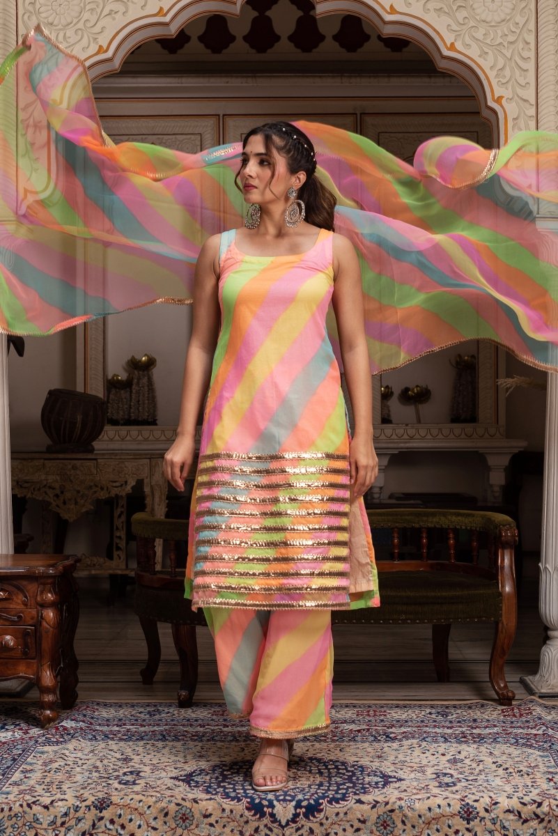 GULABI GALIYAN RADHA MULTICOLOR LEHERIYA GEORGETTE SUIT SET - Pomcha Jaipur
