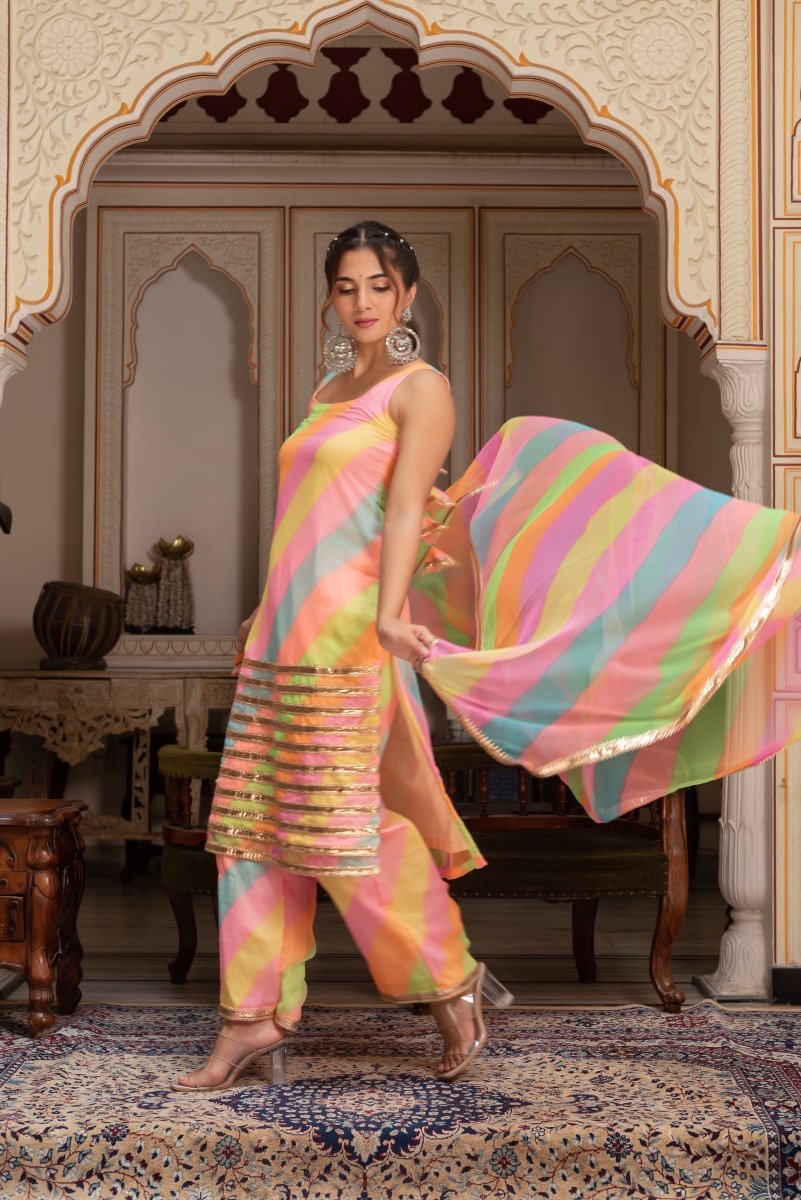 GULABI GALIYAN RADHA MULTICOLOR LEHERIYA GEORGETTE SUIT SET - Pomcha Jaipur
