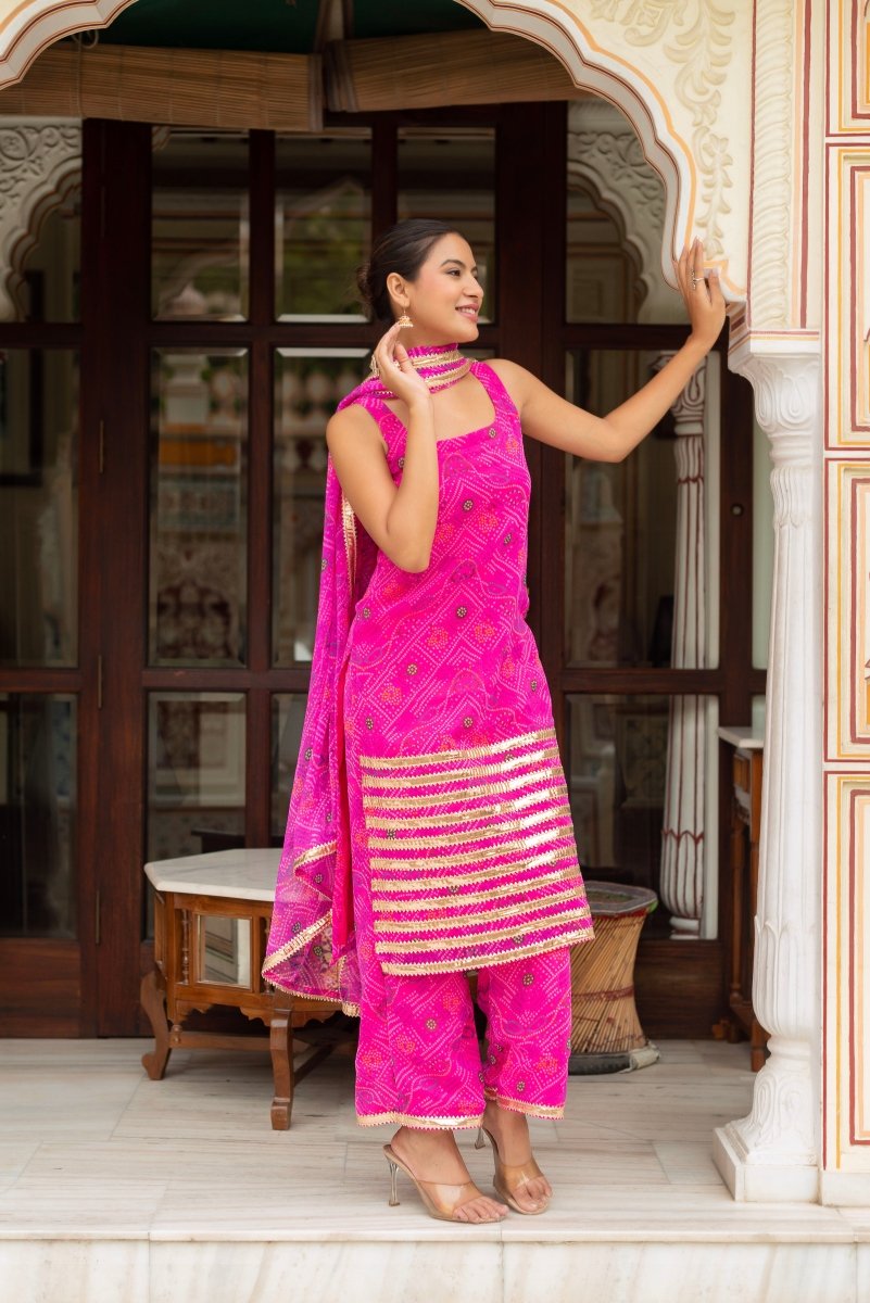 GULABI GALIYAN RADHA PINK BANDHEJ GEORGETTE SUIT SET WITH GEORGETTE DUPATTA - Pomcha Jaipur