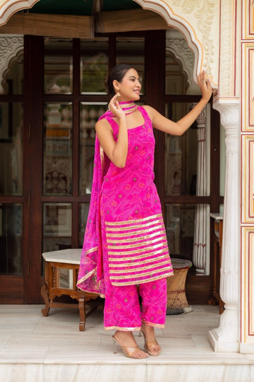 GULABI GALIYAN RADHA PINK BANDHEJ GEORGETTE SUIT SET WITH GEORGETTE DUPATTA - Pomcha Jaipur