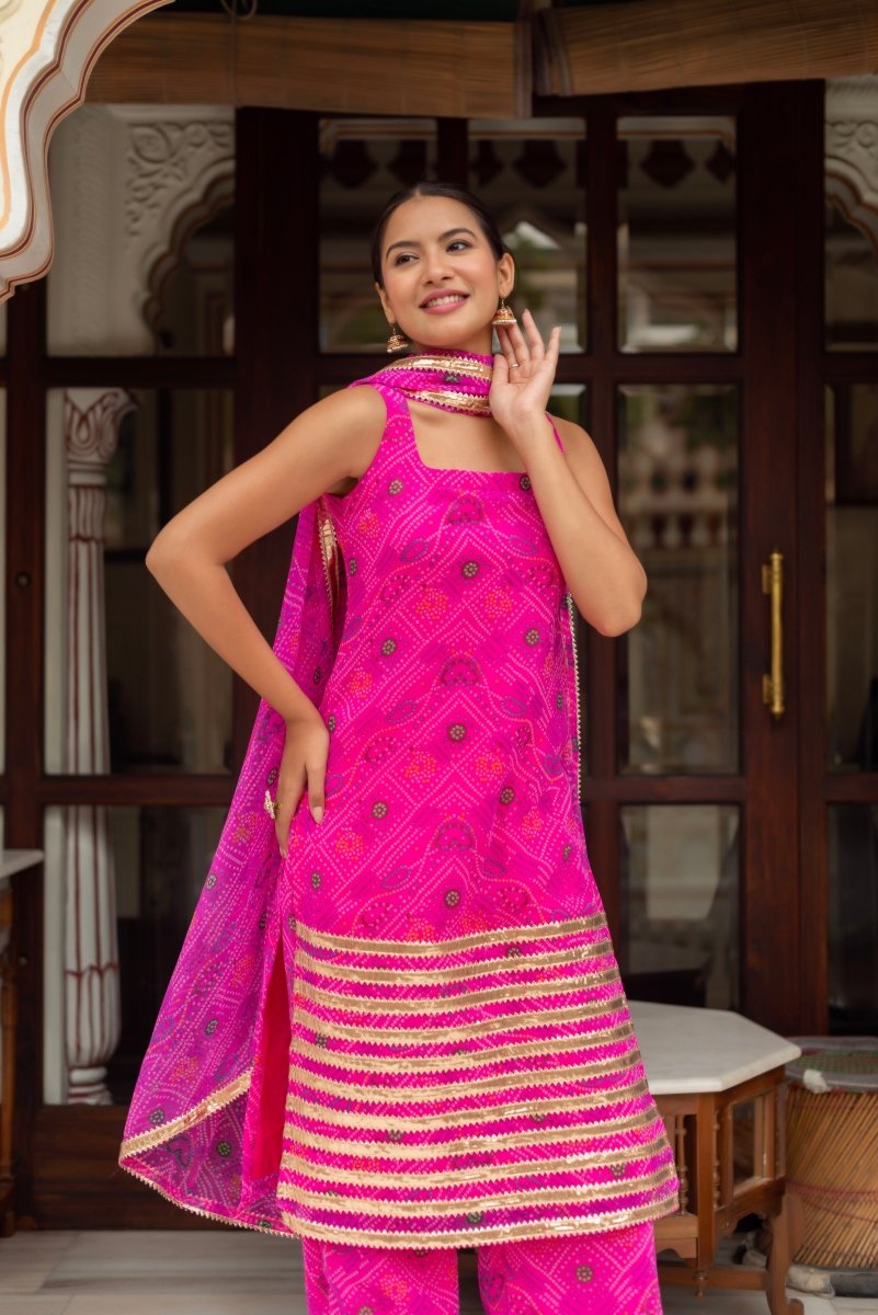 GULABI GALIYAN RADHA PINK BANDHEJ GEORGETTE SUIT SET WITH GEORGETTE DUPATTA - Pomcha Jaipur