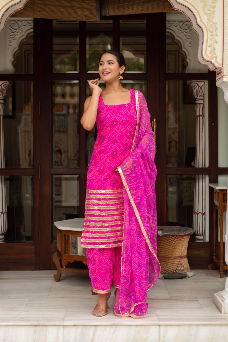 GULABI GALIYAN RADHA PINK BANDHEJ GEORGETTE SUIT SET WITH GEORGETTE DUPATTA - Pomcha Jaipur
