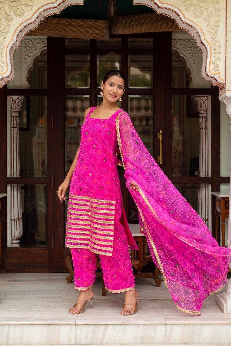 GULABI GALIYAN RADHA PINK BANDHEJ GEORGETTE SUIT SET WITH GEORGETTE DUPATTA - Pomcha Jaipur