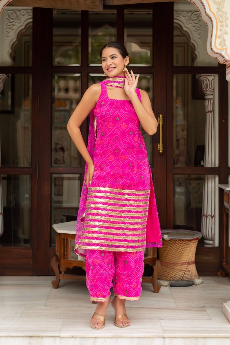 GULABI GALIYAN RADHA PINK BANDHEJ GEORGETTE SUIT SET WITH GEORGETTE DUPATTA - Pomcha Jaipur