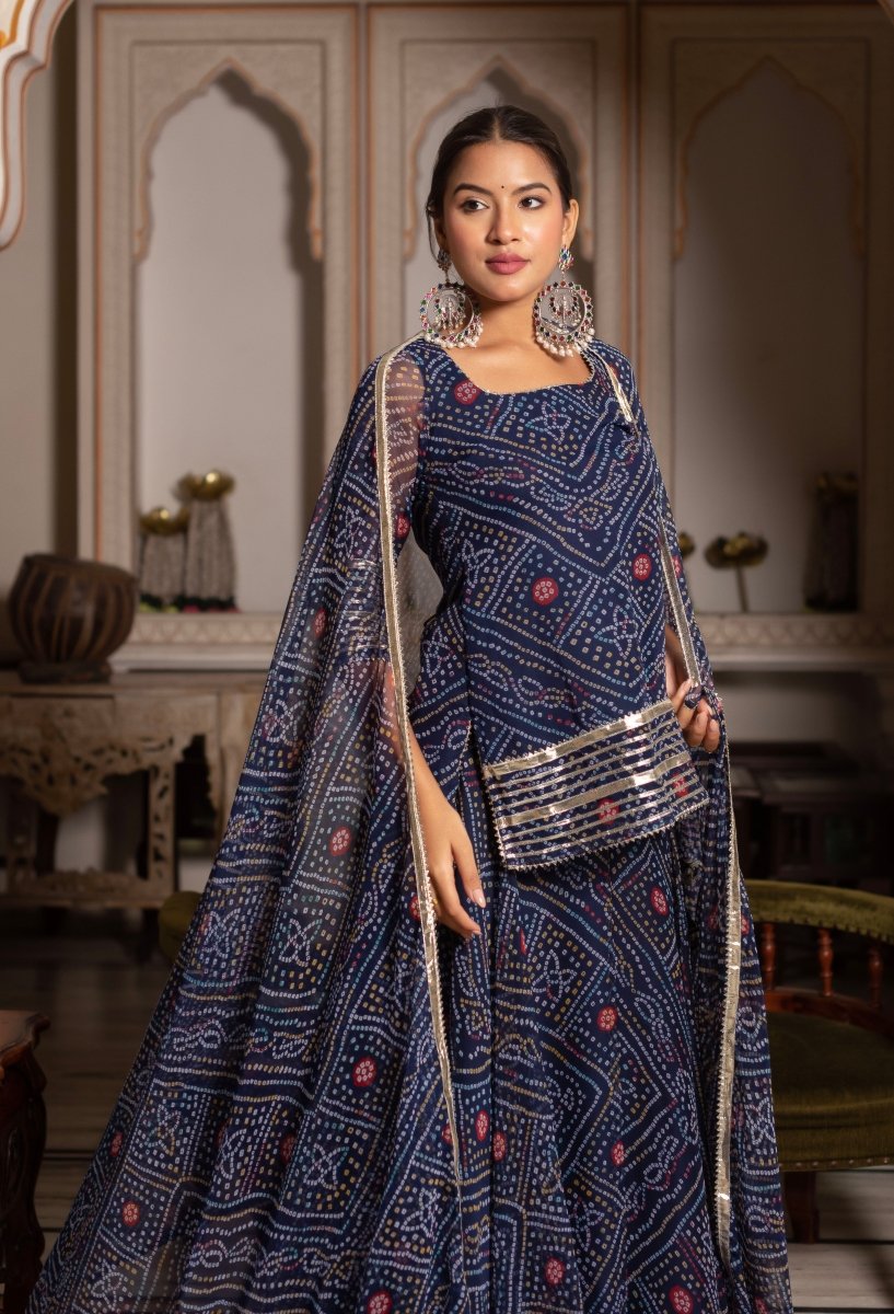 GULABI GALIYAN RAJRAANI BLUE BANDHEJ GOTA PATTI GEORGETTE SKIRT SET WITH GEORGETTE DUPATTA - Pomcha Jaipur