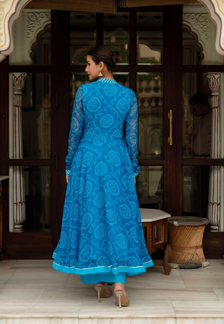 GULABI GALIYAN RANGELA BLUE BANDHEJ GEORGETTE GOTA PATTI ANGRAKHA SET - Pomcha Jaipur