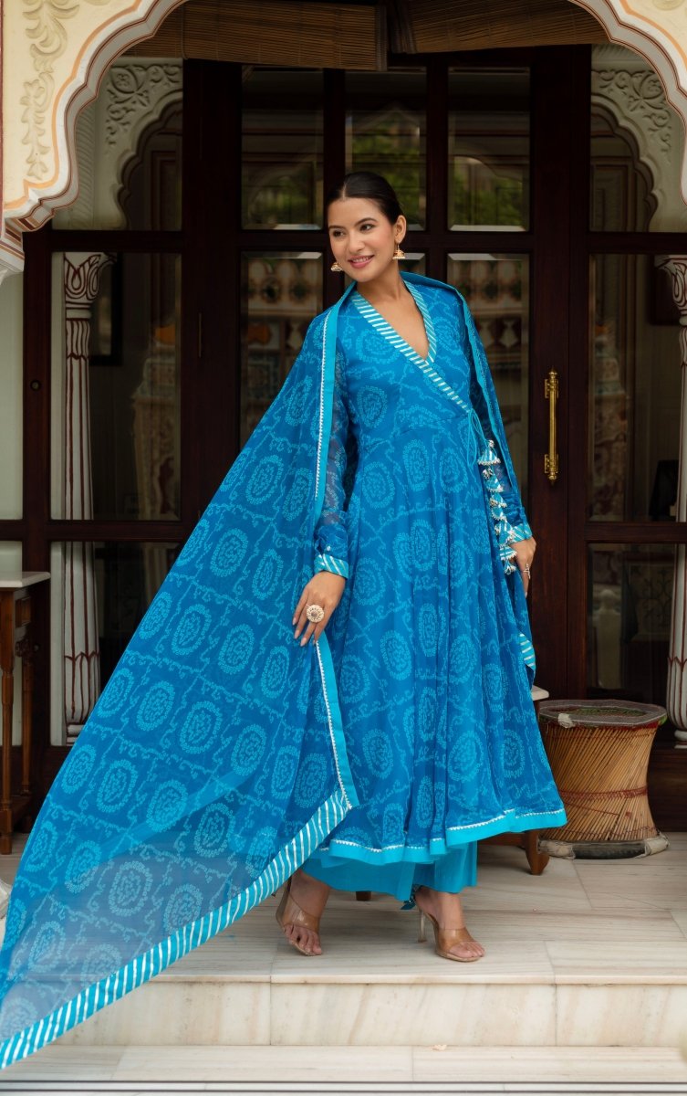 GULABI GALIYAN RANGELA BLUE BANDHEJ GEORGETTE GOTA PATTI ANGRAKHA SET - Pomcha Jaipur