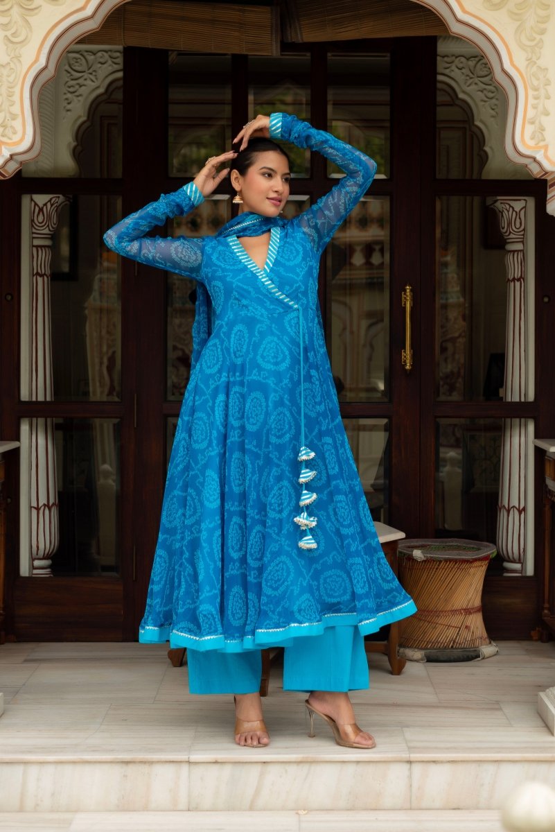GULABI GALIYAN RANGELA BLUE BANDHEJ GEORGETTE GOTA PATTI ANGRAKHA SET - Pomcha Jaipur