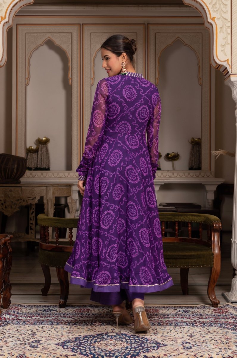 GULABI GALIYAN RANGELA PURPLE BANDHEJ GEORGETTE GOTA PATTI ANGRAKHA SET - Pomcha Jaipur