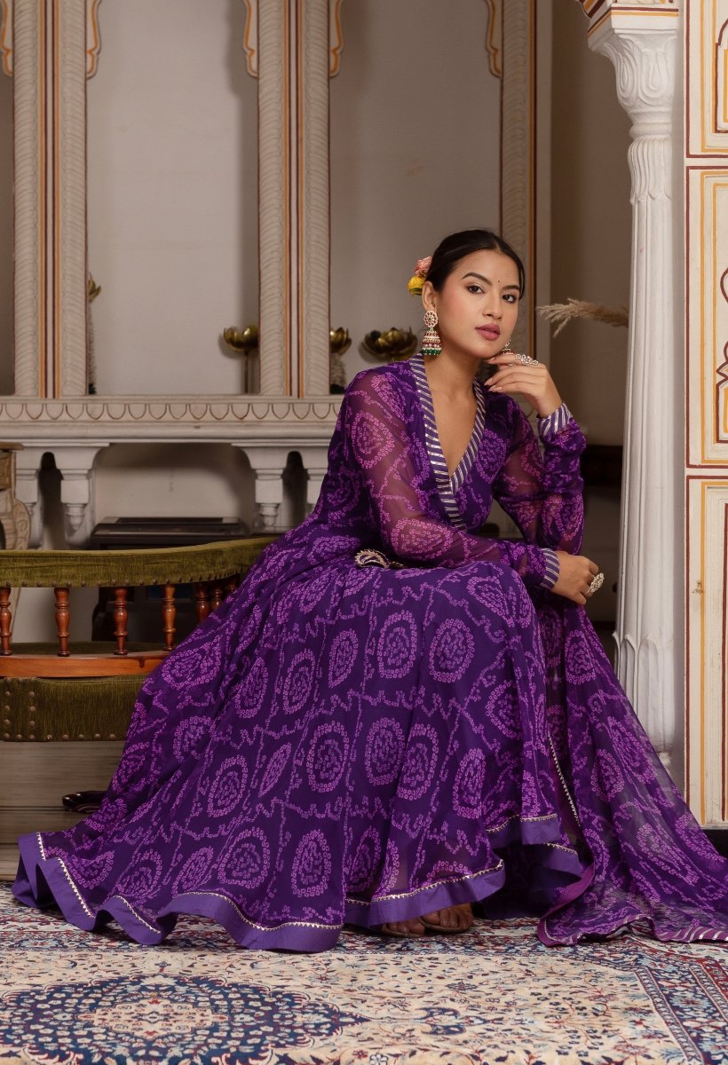 GULABI GALIYAN RANGELA PURPLE BANDHEJ GEORGETTE GOTA PATTI ANGRAKHA SET - Pomcha Jaipur