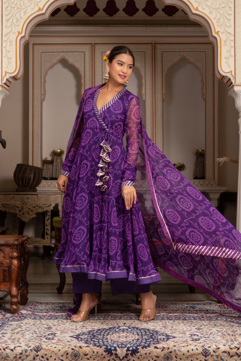 GULABI GALIYAN RANGELA PURPLE BANDHEJ GEORGETTE GOTA PATTI ANGRAKHA SET - Pomcha Jaipur