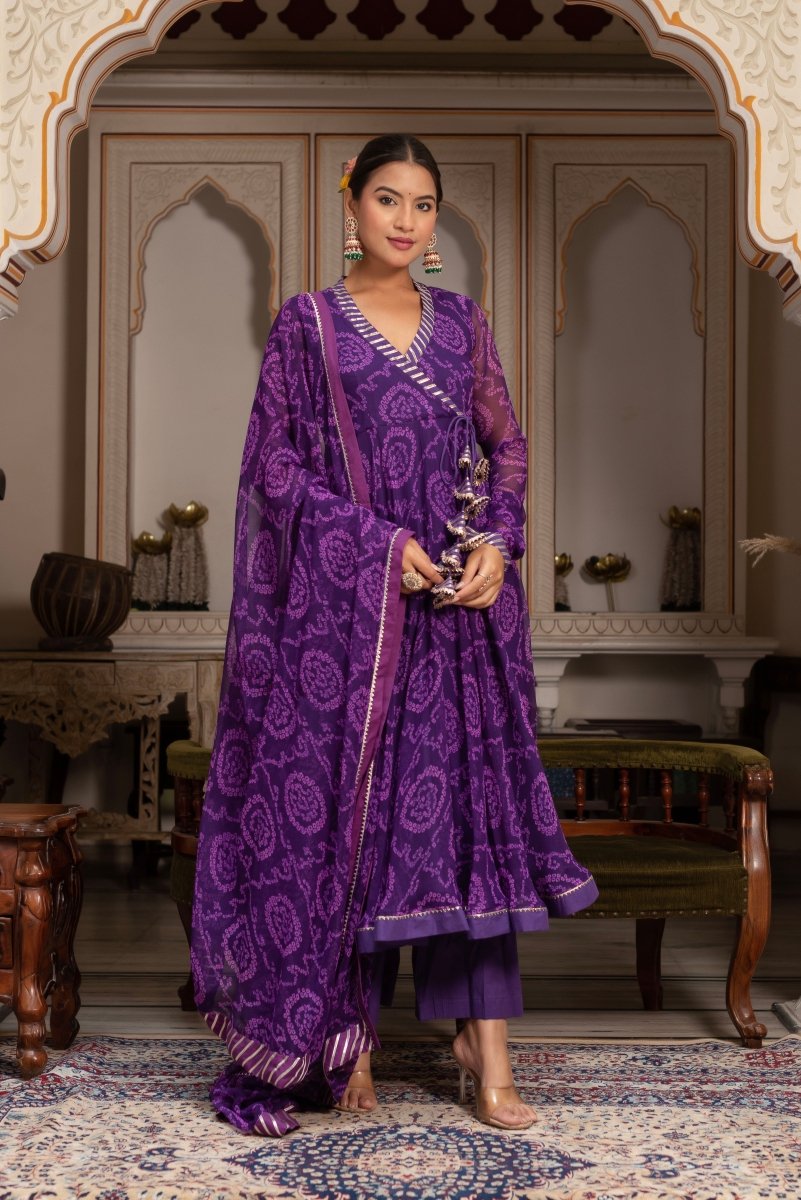 GULABI GALIYAN RANGELA PURPLE BANDHEJ GEORGETTE GOTA PATTI ANGRAKHA SET - Pomcha Jaipur