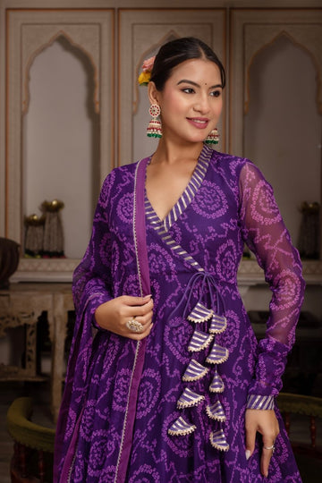 GULABI GALIYAN RANGELA PURPLE BANDHEJ GEORGETTE GOTA PATTI ANGRAKHA SET - Pomcha Jaipur