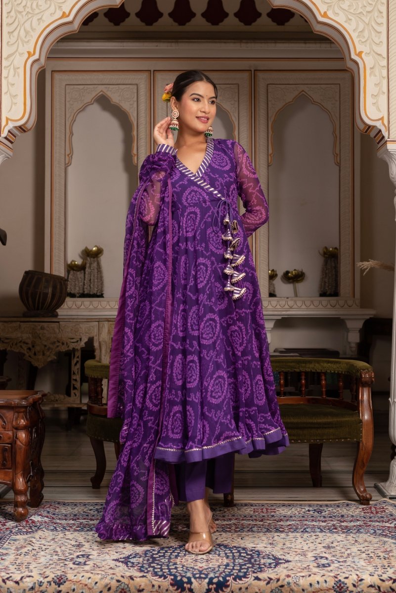 GULABI GALIYAN RANGELA PURPLE BANDHEJ GEORGETTE GOTA PATTI ANGRAKHA SET - Pomcha Jaipur