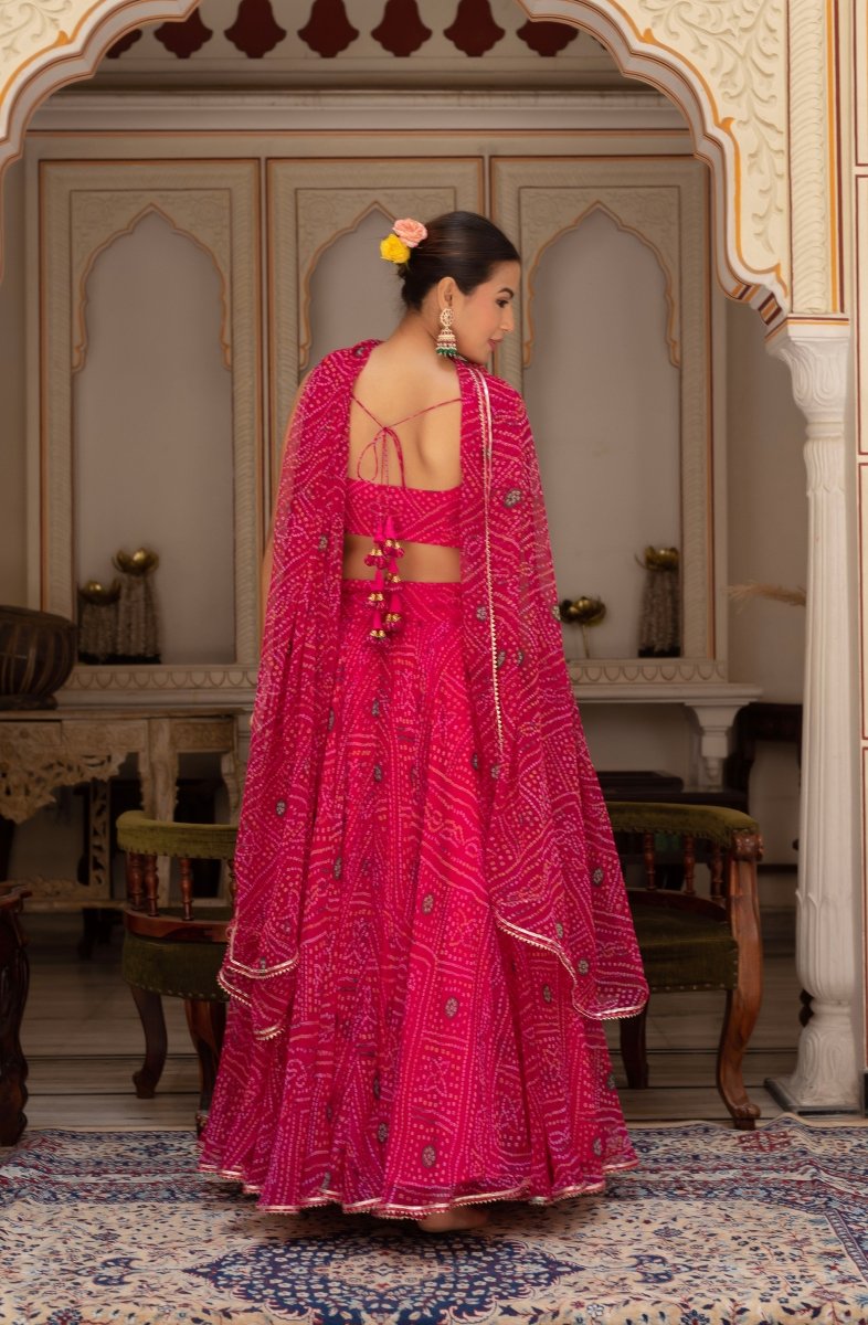 GULABI GALIYAN RANI PINK BANDHEJ GEORGETTE LEHENGA SET WITH GEORGETTE DUPATTA - Pomcha Jaipur