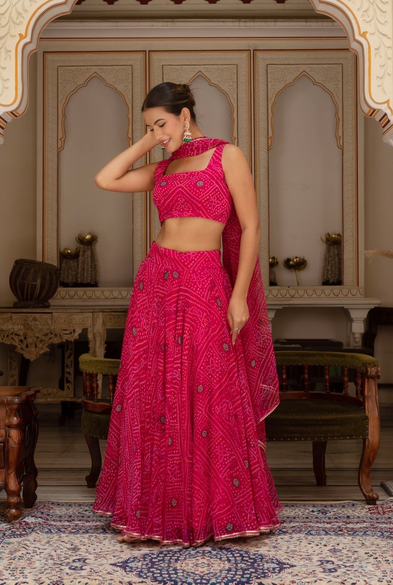 GULABI GALIYAN RANI PINK BANDHEJ GEORGETTE LEHENGA SET WITH GEORGETTE DUPATTA - Pomcha Jaipur