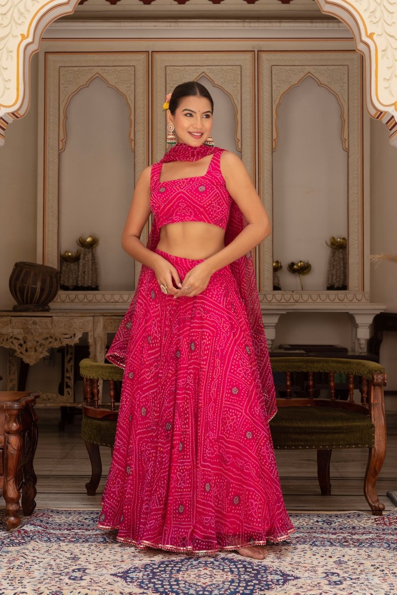 GULABI GALIYAN RANI PINK BANDHEJ GEORGETTE LEHENGA SET WITH GEORGETTE DUPATTA - Pomcha Jaipur