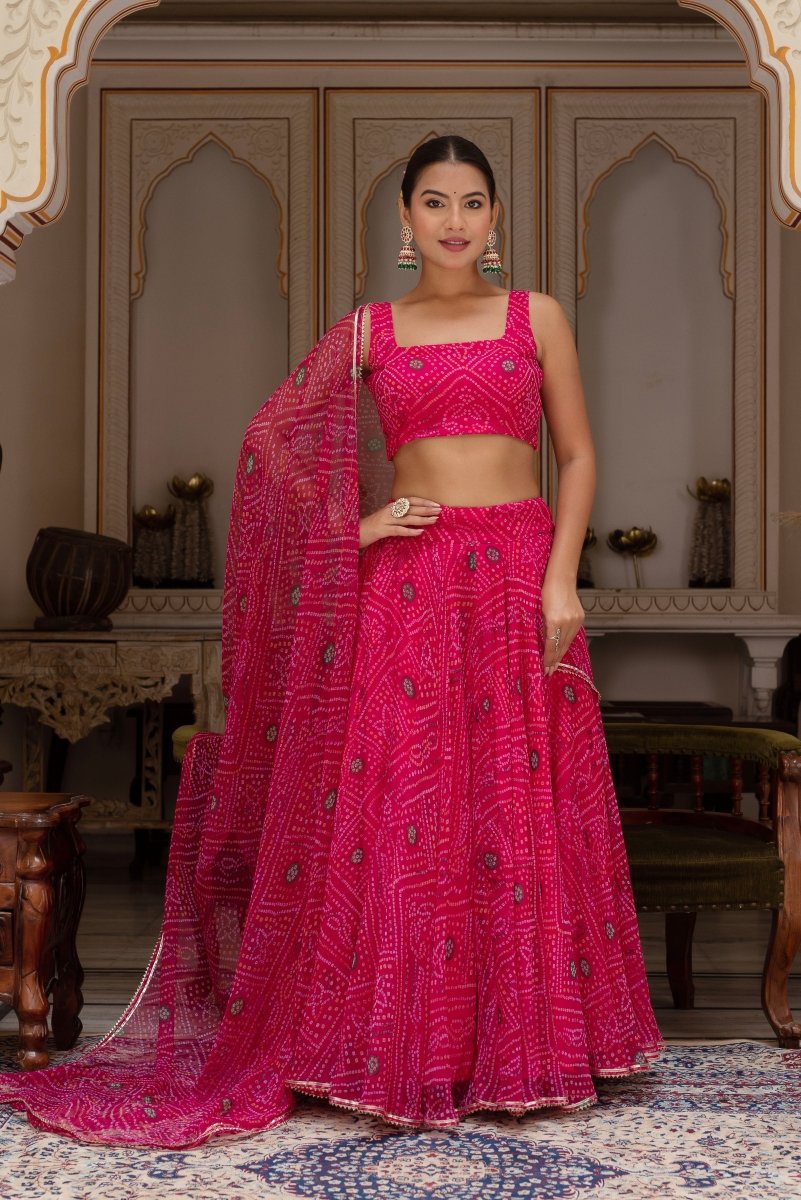 GULABI GALIYAN RANI PINK BANDHEJ GEORGETTE LEHENGA SET WITH GEORGETTE DUPATTA - Pomcha Jaipur