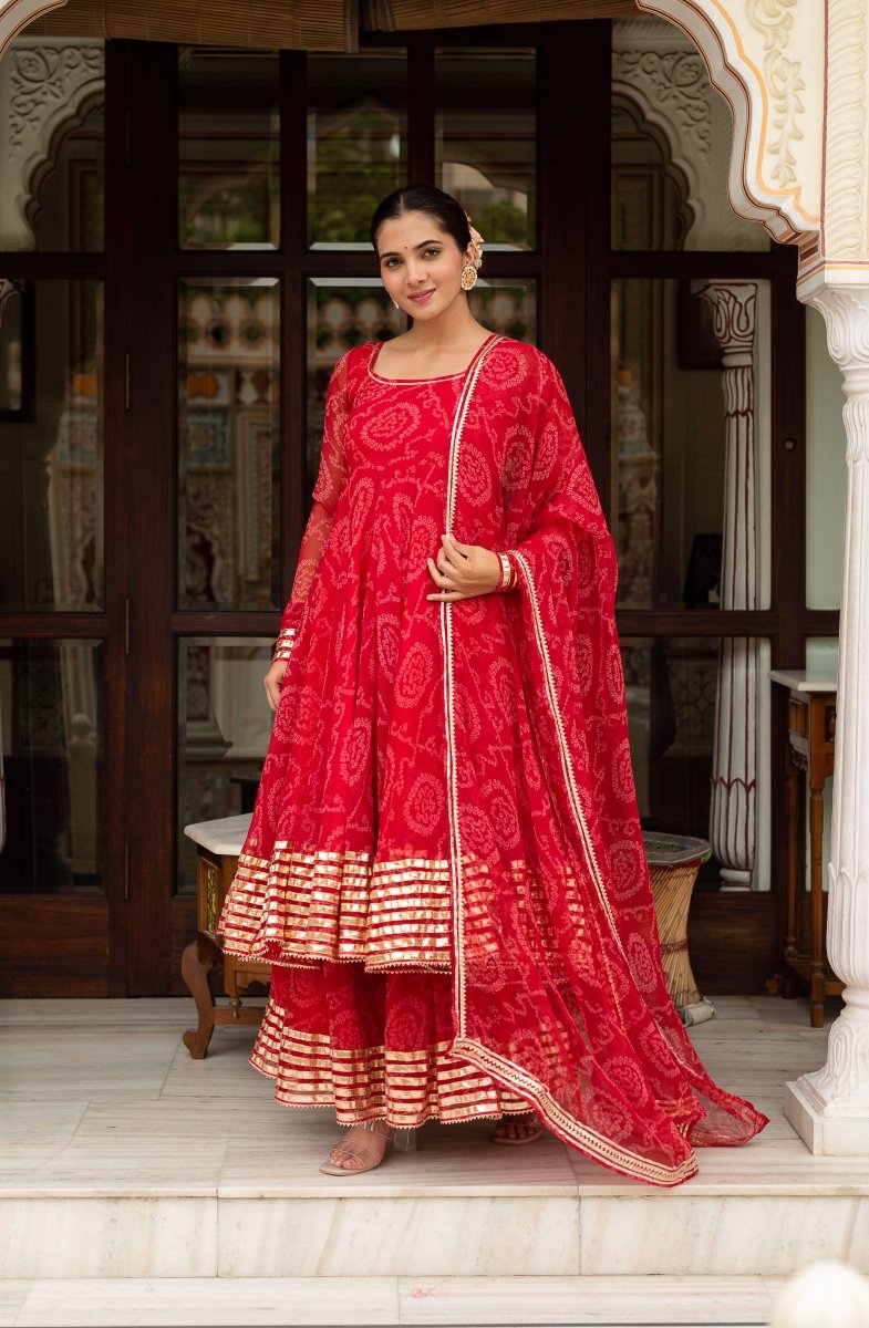 GULABI GALIYAN RED BANDHEJ GEORGETTE GOTA PATTI ANARKALI SET WITH GEORGETTE DUPATTA - Pomcha Jaipur