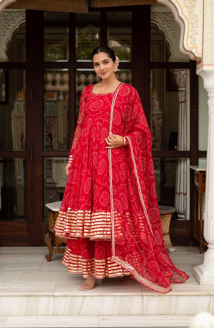 GULABI GALIYAN RED BANDHEJ GEORGETTE GOTA PATTI ANARKALI SET WITH GEORGETTE DUPATTA - Pomcha Jaipur