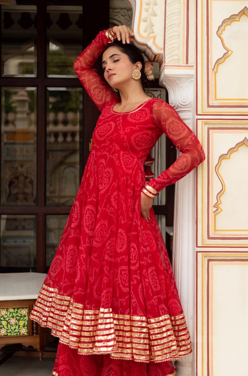 GULABI GALIYAN RED BANDHEJ GEORGETTE GOTA PATTI ANARKALI SET WITH GEORGETTE DUPATTA - Pomcha Jaipur