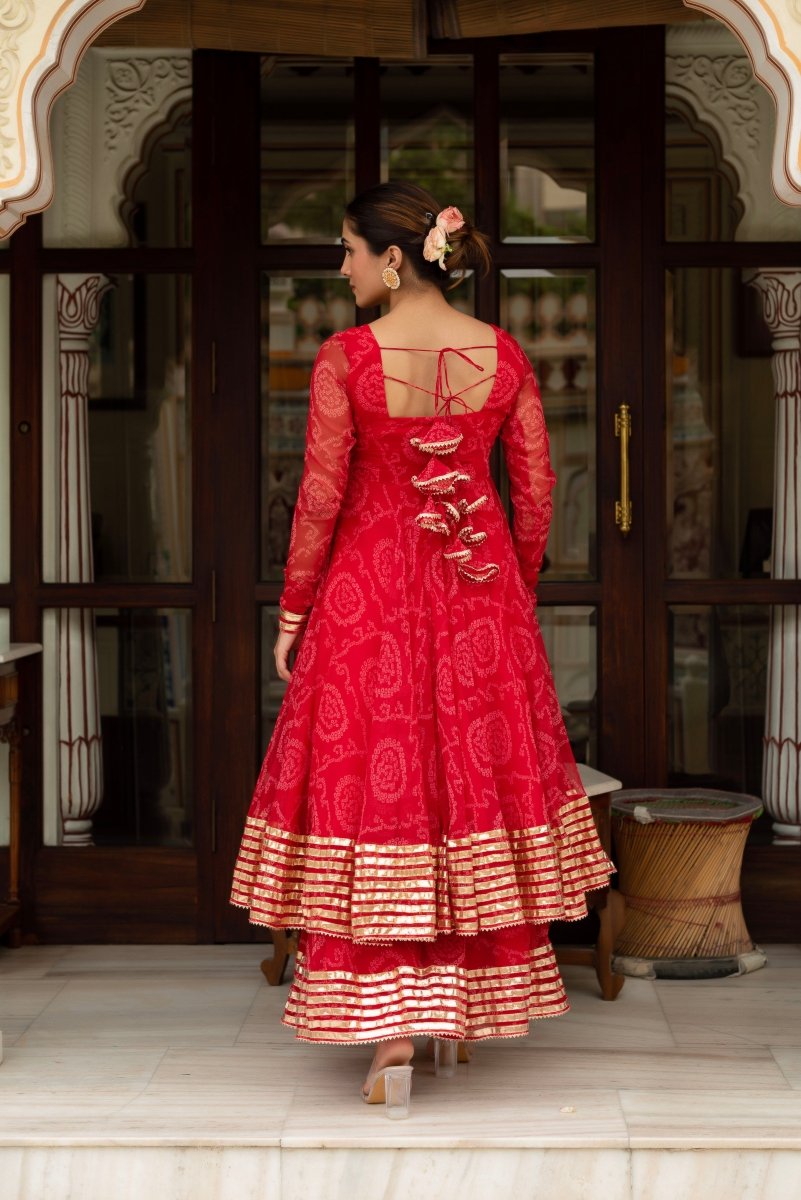 GULABI GALIYAN RED BANDHEJ GEORGETTE GOTA PATTI ANARKALI SET WITH GEORGETTE DUPATTA - Pomcha Jaipur