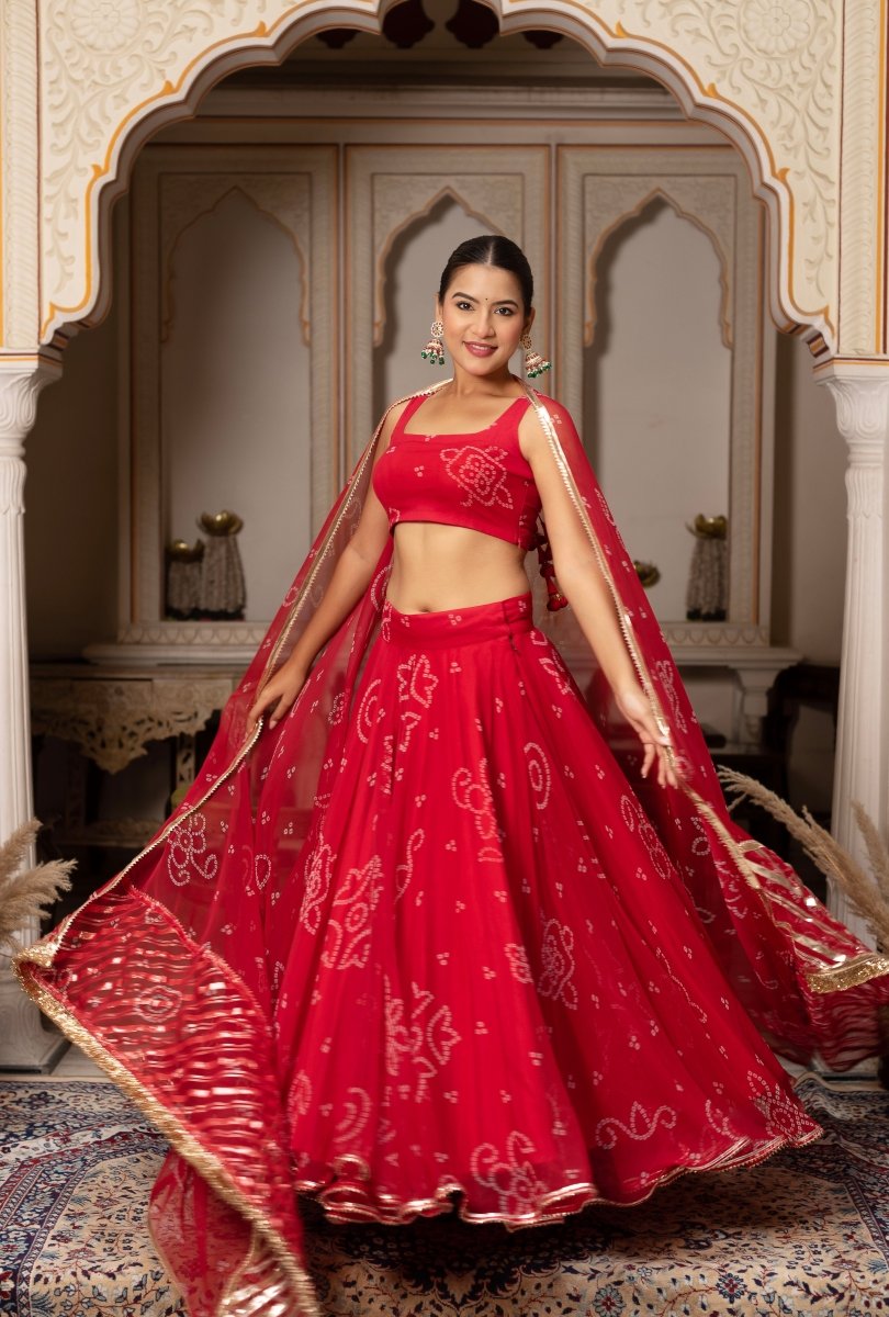GULABI GALIYAN RED BANDHEJ GEORGETTE GOTA PATTI WORK LEHENGA SET - Pomcha Jaipur