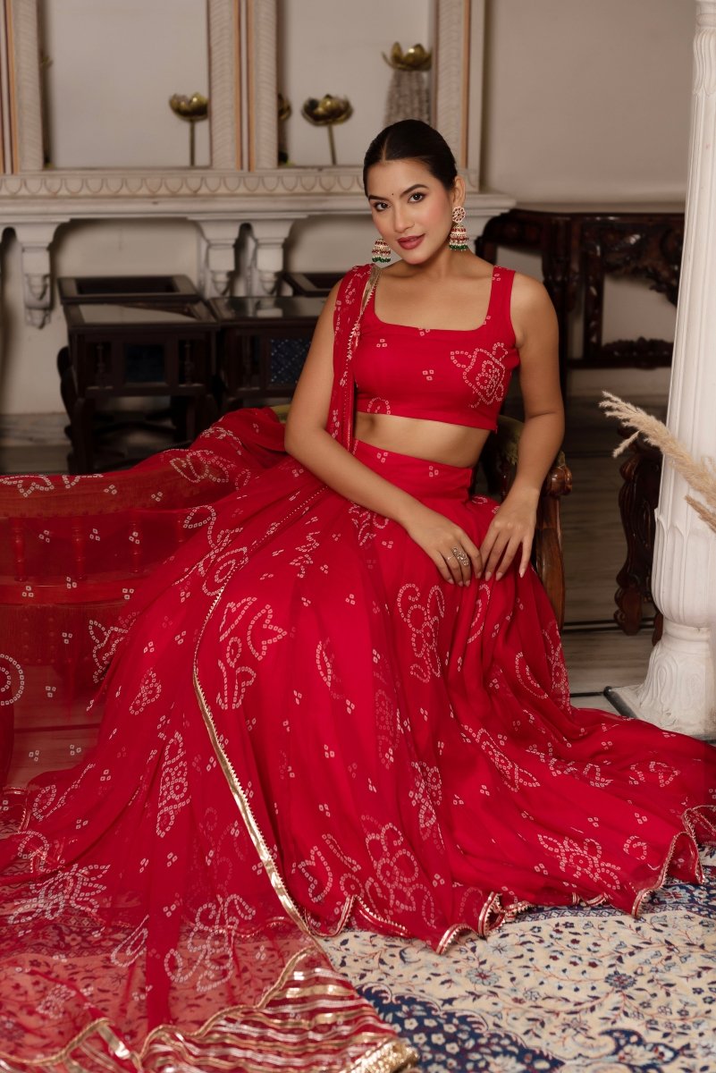 GULABI GALIYAN RED BANDHEJ GEORGETTE GOTA PATTI WORK LEHENGA SET - Pomcha Jaipur