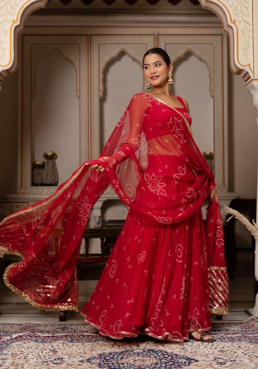 GULABI GALIYAN RED BANDHEJ GEORGETTE GOTA PATTI WORK LEHENGA SET - Pomcha Jaipur