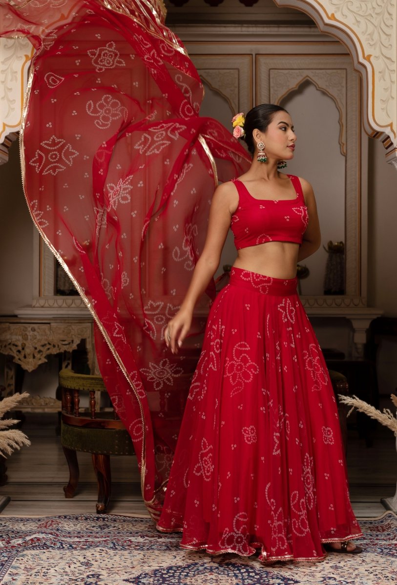 GULABI GALIYAN RED BANDHEJ GEORGETTE GOTA PATTI WORK LEHENGA SET - Pomcha Jaipur