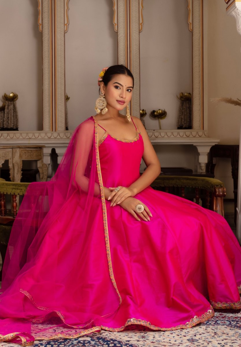 GULABI GALIYAN RIMJHIM PINK EMBROIDERY TAFFETA SILK ANARKALI SET WITH SOFT NET DUPATTA - Pomcha Jaipur